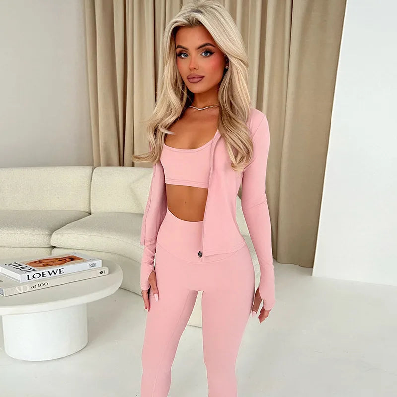 BKLD Solid Color Fashion Stand Collar Zipper Cardigan Tight Pants Casual Yoga Suit Sets Women Clothing Two Pieces Outfits