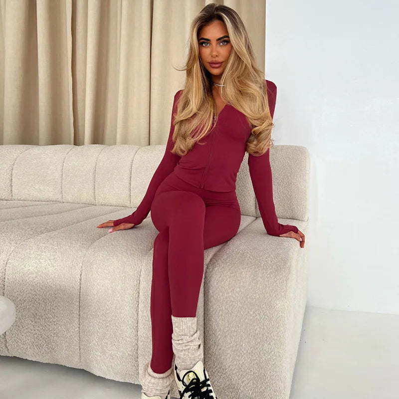 BKLD Solid Color Fashion Stand Collar Zipper Cardigan Tight Pants Casual Yoga Suit Sets Women Clothing Two Pieces Outfits