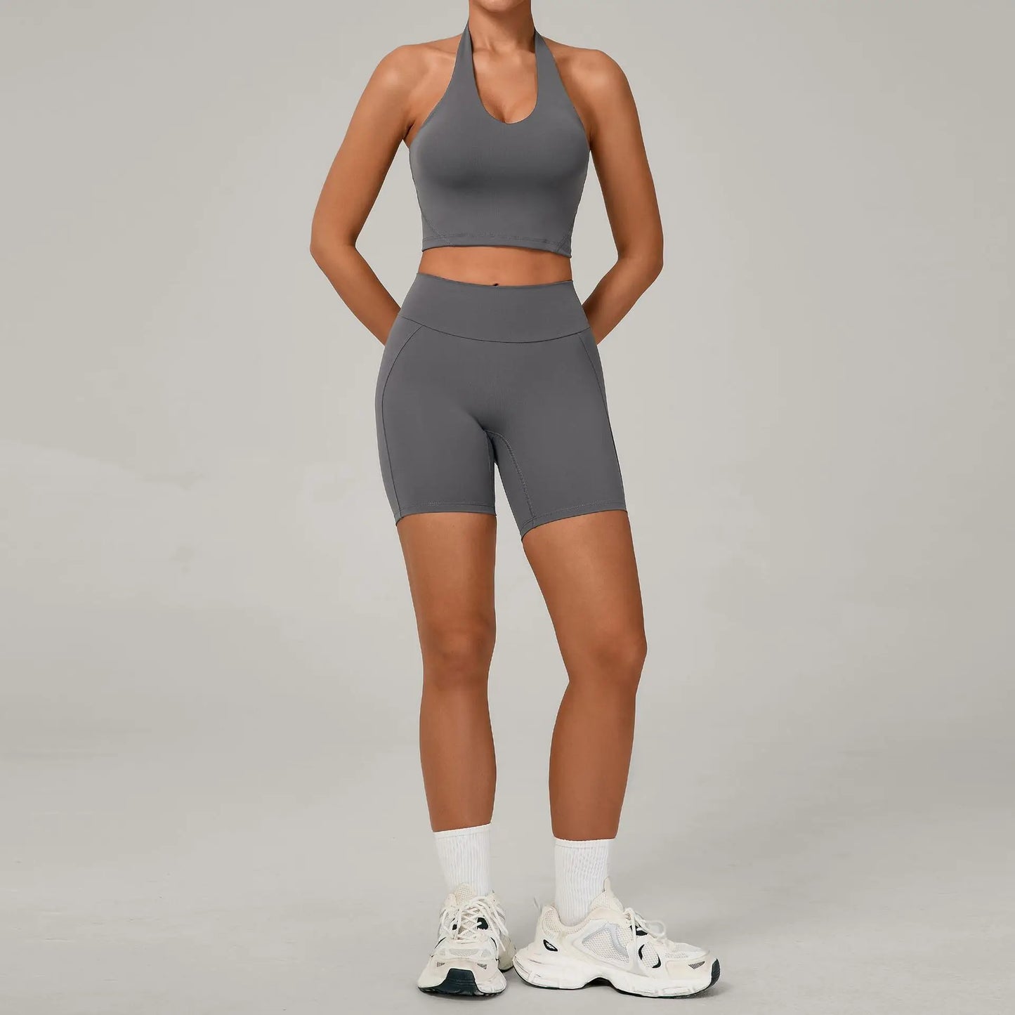 Ctenkevet 2Pcs Women's Backless Halter Bra Set Quick-Dry Gym Workout Sportswear Two-Piece Female Sport Outfit with Shorts