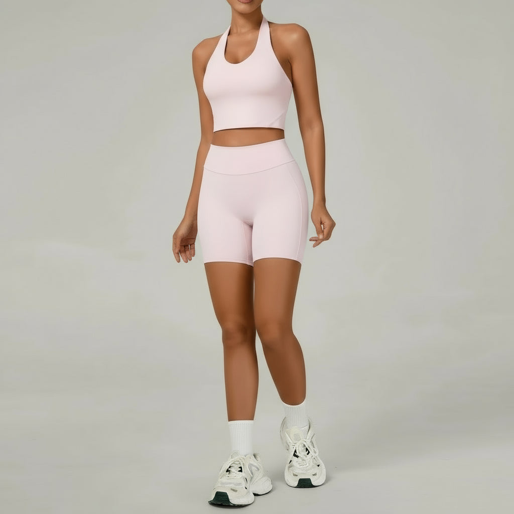 Ctenkevet 2Pcs Women's Backless Halter Bra Set Quick-Dry Gym Workout Sportswear Two-Piece Female Sport Outfit with Shorts