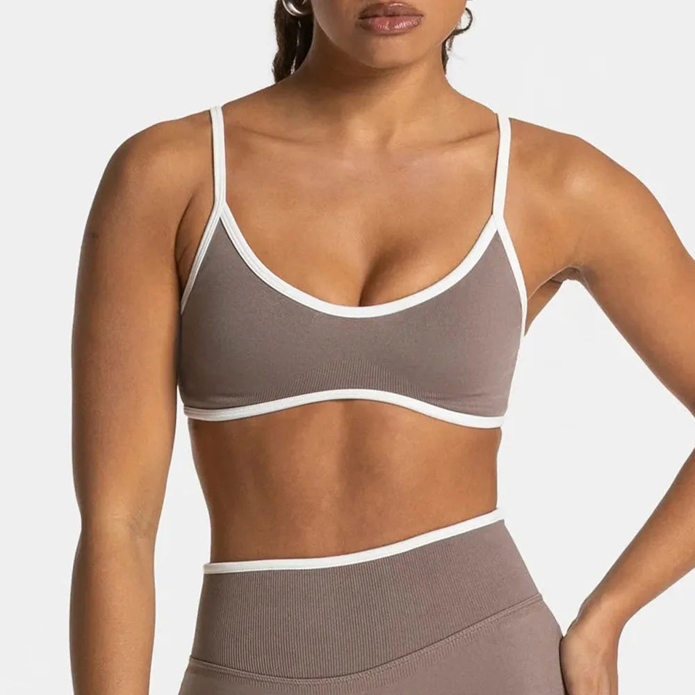 2 pcs White Contrast Color Design Sling Sports Underwear Breathable Yoga Bra Outdoor Fitness Yoga Top and  Bottom