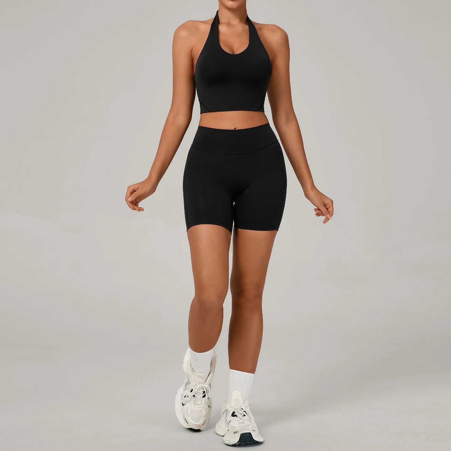 Ctenkevet 2Pcs Women's Backless Halter Bra Set Quick-Dry Gym Workout Sportswear Two-Piece Female Sport Outfit with Shorts