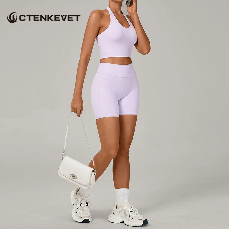 Ctenkevet 2Pcs Women's Backless Halter Bra Set Quick-Dry Gym Workout Sportswear Two-Piece Female Sport Outfit with Shorts