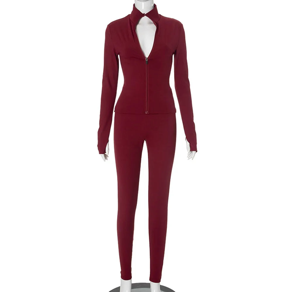 BKLD Solid Color Fashion Stand Collar Zipper Cardigan Tight Pants Casual Yoga Suit Sets Women Clothing Two Pieces Outfits