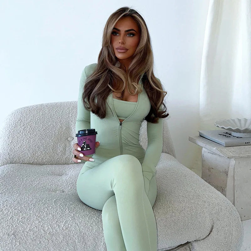 BKLD Solid Color Fashion Stand Collar Zipper Cardigan Tight Pants Casual Yoga Suit Sets Women Clothing Two Pieces Outfits