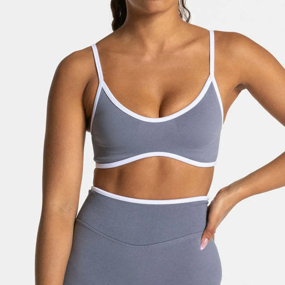 2 pcs White Contrast Color Design Sling Sports Underwear Breathable Yoga Bra Outdoor Fitness Yoga Top and  Bottom