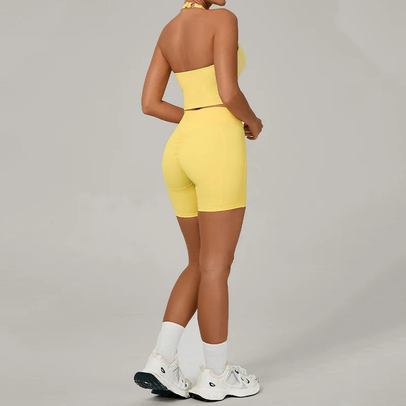 Ctenkevet 2Pcs Women's Backless Halter Bra Set Quick-Dry Gym Workout Sportswear Two-Piece Female Sport Outfit with Shorts