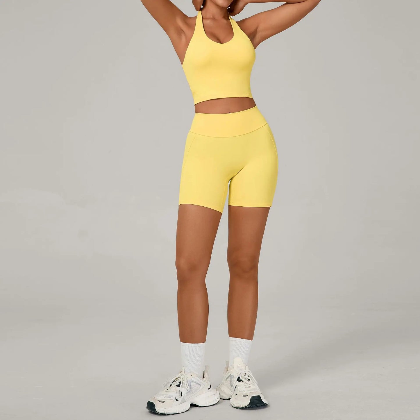 Ctenkevet 2Pcs Women's Backless Halter Bra Set Quick-Dry Gym Workout Sportswear Two-Piece Female Sport Outfit with Shorts