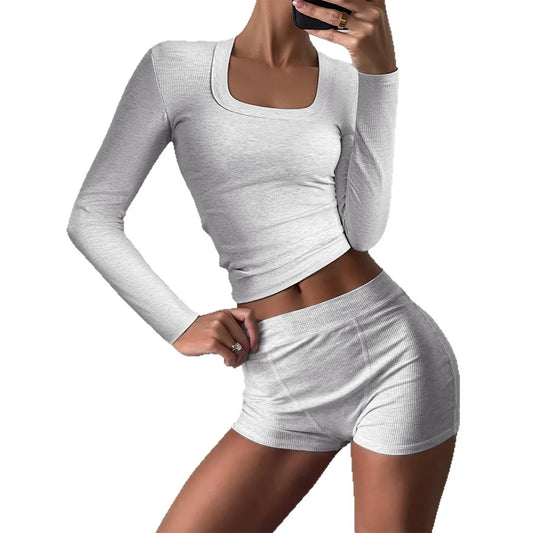 2025 Two-Piece Set New Fashionable Sports Yoga Solid Color Long Sleeve High Elasticity Short Skirt Set