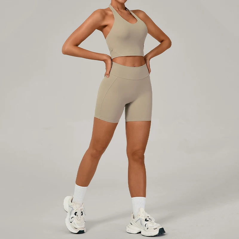 Ctenkevet 2Pcs Women's Backless Halter Bra Set Quick-Dry Gym Workout Sportswear Two-Piece Female Sport Outfit with Shorts