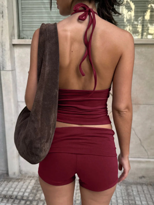 2025 Sports Yoga Hanging Neck T-Shirt Shorts Women's Two-Piece-Suit Women's