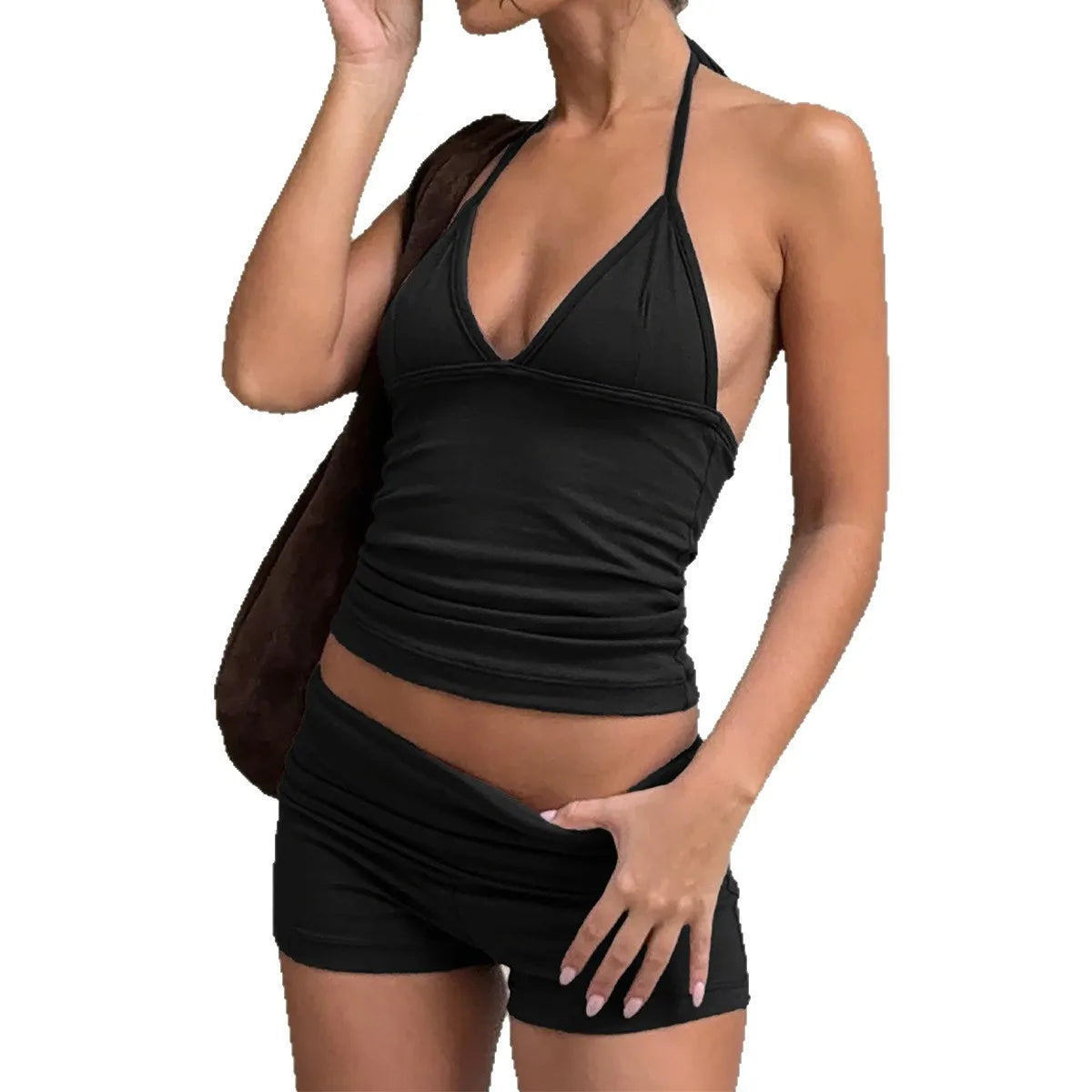 2025 Sports Yoga Hanging Neck T-Shirt Shorts Women's Two-Piece-Suit Women's