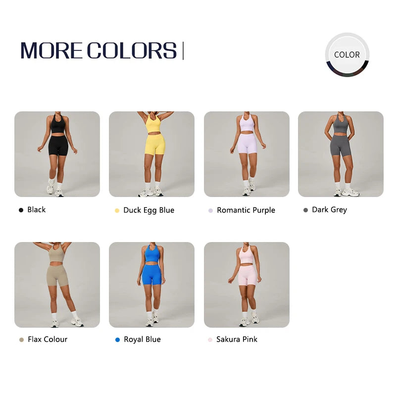 Ctenkevet 2Pcs Women's Backless Halter Bra Set Quick-Dry Gym Workout Sportswear Two-Piece Female Sport Outfit with Shorts